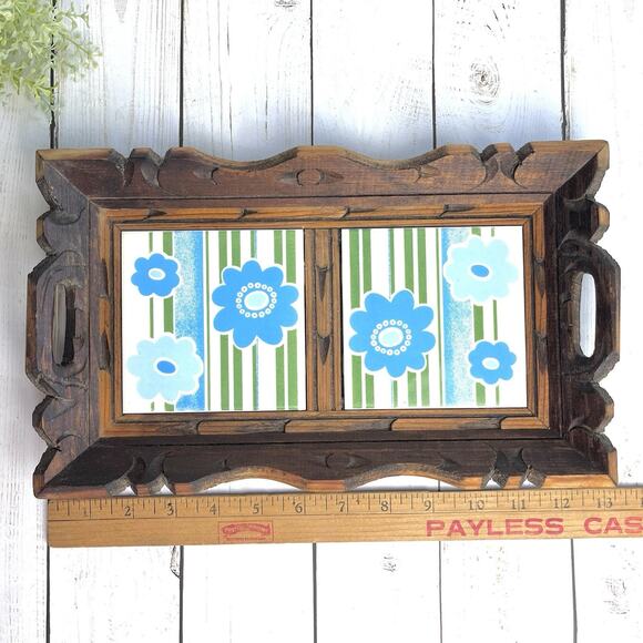 Vintage Rustic Hand Carved Wood Serving Tray with Retro Ceramic Flower Tiles 13" - Picture 8 of 11